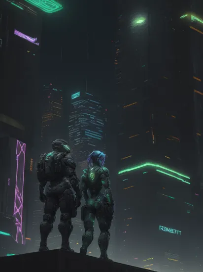 Two people, (glowing tattoos hologram Cortana) and (military camouflage colored punk Master Chief) reimagined in a cyberpunk universe, standing on top of a sky scraper, cyberpunk, cyberpunk art style, cyberpunk surroundings, glowing multicolored neon lights, raining, lightning, cinematic scene, detailed background, masterpiece, best quality, high quality, highres, absurdres, 16k resolution   