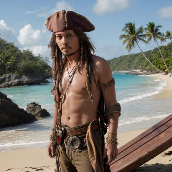 Masterpiece, best quality, high resolution, cinematic style, Jhonny Depp as Jack Sparrow at the Carribean, ocean, ((Beach background:1.1))