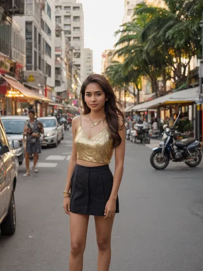 glamour photo of nanammhaechalee, amidst a bustling city, upper body framing, in a street photography setting, golden hour lighting:1.3), shot at eye level, on a Fujifilm X-T4 with a 50mm lens, 