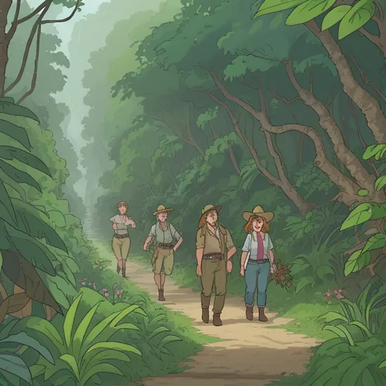 In the style of indiana jones a group of people with a over joyed facial expression looking at a two Ankylosaurus. In the background a lush damp jungle full oversized grass and flowers a jungle path goes deeper into the jungle, a big moist green jungle, trees, plants, lighting , UHD(8k),