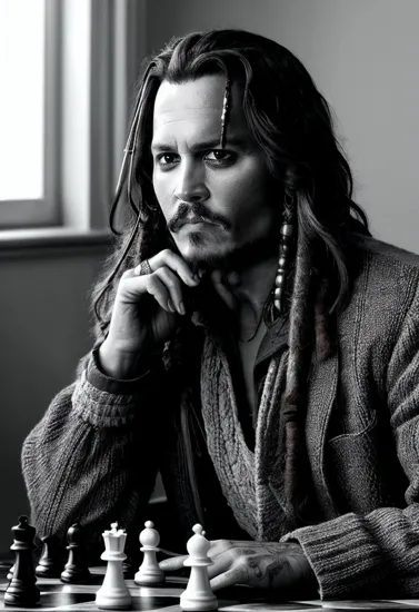 Johnny Depp, Focused man @JohnnyDepp, concentrated gaze over a chessboard, knit sweater under a coat, the strategic play of light and shadow in monochrome emphasizes his thoughtful expression, a scene that captures the cerebral intensity of a strategic mind at work.