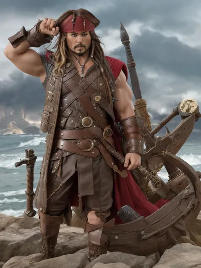 Thor-Pirate: Merging Thor and Captain Jack Sparrow, this figure wields Mjlnir:0.6 with a pirate's charm:0.4 on the high seas. , awe_toys