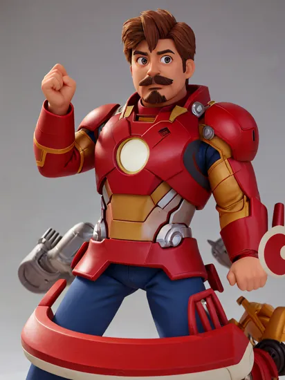  a professional studio portrait photo of a man with messy hair and a mustache, rc1, wearing an iron man costume, against a simple white background