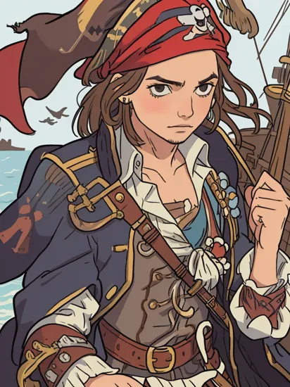 1boy,jack sparrow,close up,pirate coat,masterpiece,realistic,, pirates_of_the_caribbean background, bandana,sad