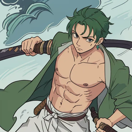 1boy, abs, green hair, earrings, indian style, japanese clothes, jewelry, katana, male focus, manly, muscular, ootachi, open clothes, pectorals, ready to draw, roronoa zoro, scabbard, scar, scar across eye, sheath, sheathed, solo, sword, sword over shoulder, unsheathing, weapon, weapon over shoulder,  (green hair:1) (three swords:1) (Three-Sword Style:1.3) roronoa zoro, muscular male, scar, scar across eye, japanese clothes, green kimono