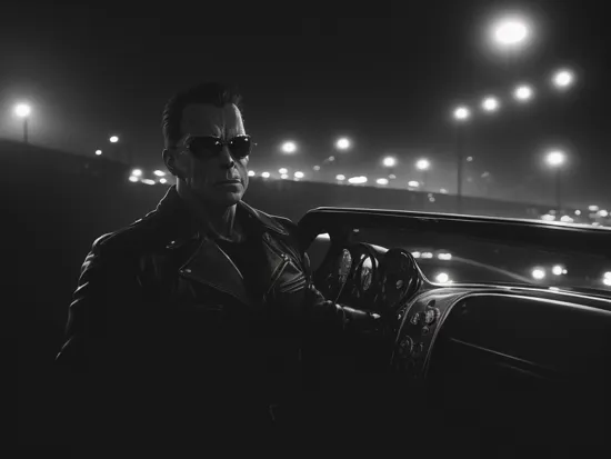 film noir style RAW photo,arnold as terminator t800 driving a black pturbo, raceway ,nighttime, fog, smoke, san francisco, high speed, neon lights, golden gate,  . monochrome, high contrast, dramatic shadows, 1940s style, mysterious, cinematic