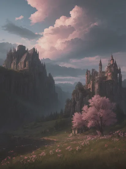 , night, (dark environment), 
(highly detailed:1.3), 
Garden castle, Many flowers, A few roses, clouds, dramatic clouds above, pink, dreamy ultra wide shot, atmospheric, hyper realistic, 8k, epic composition, cinematic, octane render, artstation landscape vista photography by Carr Clifton & Galen Rowell, 16K resolution, Landscape veduta photo by Dustin Lefevre & tdraw, 8k resolution, detailed landscape painting by Ivan Shishkin, DeviantArt, Flickr, rendered in Enscape, Miyazaki, Nausicaa Ghibli, Breath of The Wild, 4k detailed post processing, artstation, rendering by octane, unreal engine, 
Ultra-detail, (highres:1.1), best quality, (masterpiece:1.3), cinematic lighting, ,