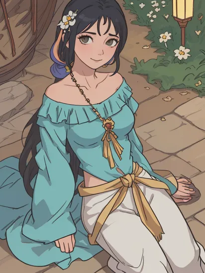 1girl, (JasmineWaifu), (turquoise arabian clothes), (off-shoulder shirt), (multi-tied hair, long hair), (jewelry), pants, (laying on back), (arms above head), (arabian palace), outdoors, garden, stone walkway, grass, white trees, multicolored flowers, medium breasts, looking at viewer, closed mouth, smile, beautiful lighting, masterpiece, trending on ArtStation, trending on CGSociety, Intricate, High Detail, Sharp focus, dramatic lighting, illustration, digital art, by artgerm, by Liang Xing, by WLOP