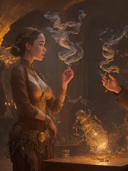 A hand reaches for an ornate blown glass spiral striped bottle spewing smoke surrounded of sparkling treasure,ornate,jewels,indiana jones emilia clarke,daniel gerhartz,ruan jia,steve mccurry Engulfed ,crystalz ,Explosion ,by diegocr