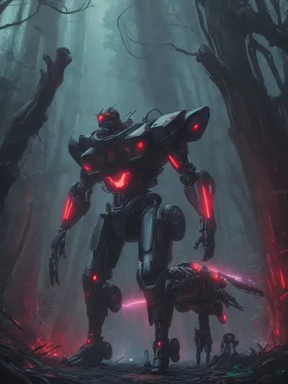 terminator duftmon walking throygh a cyberpunk forest, robotic body,mechanical limbs,mechanical wings,glowing red eyes,scene from ghost in the shell,cyberpunk,vaporwave,vivid colors,neon lights,upper body, 
