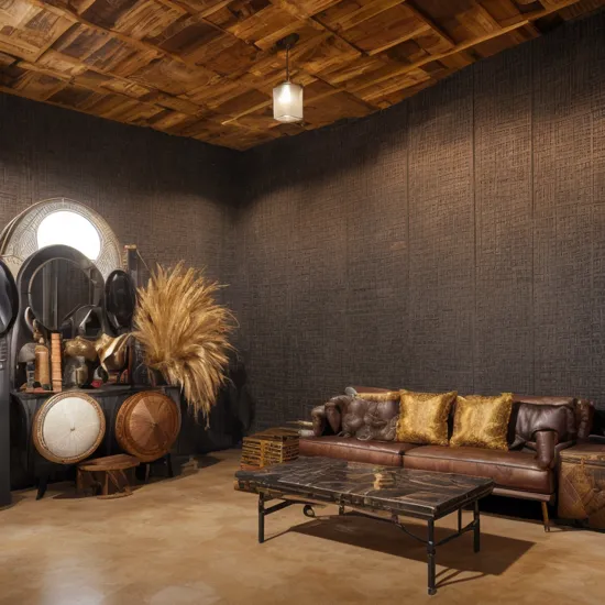 <lyco:African_style_interior_design_Sa_May:1.0> Mancave, Afrofuturist architectural theme, obsidian floors, complementary and tertiary colors, rich, warm furniture, African wall photography, natural fibers, woods, leathers, spacious, open, luxurious, tactile, extremely expensive, 16k, photographic, award-winning, Architectural Digest