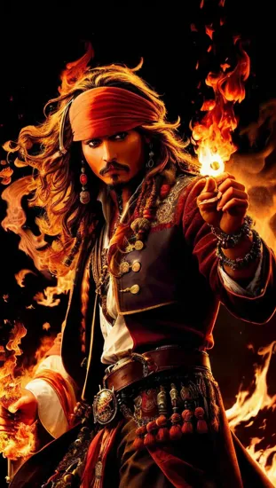 Johnny Depp, Fiery sorcerer @JohnnyDepp, ((casting flames)), traditional attire with a modern flair, dynamic motion, control over the element of fire, vibrant gold and orange colors swirling, powerful and focused, a magical anime character with command over the arcane.