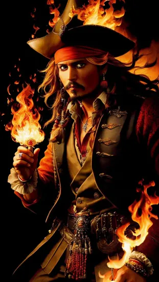 Johnny Depp, Fiery sorcerer @JohnnyDepp, ((casting flames)), traditional attire with a modern flair, dynamic motion, control over the element of fire, vibrant gold and orange colors swirling, powerful and focused, a magical anime character with command over the arcane.