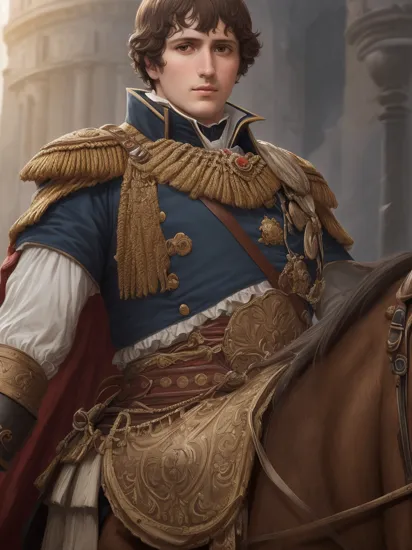Man, Napoleon Bonaparte, 53 yo, in armor, detailed face, (vibrant, photo realistic, realistic, dramatic, dark, sharp focus, 8k), cinematic lighting, 1769 year