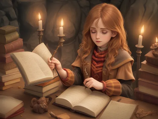 claymation style, clay art, wizarding world, at hogwatrs, emma watson as (hermione granger:1.2) reads book in a study holding (raising a magical wand up:1.3), magical symbols, pentagram, sweater, skirt, ginger cat