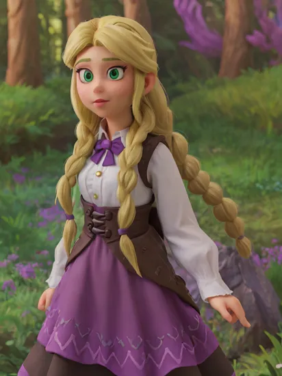(rapunzel:1), tangled,  (adventure outfit:1.5), (white blouse, black vest with dark purple stitching, dark purple skirt), (long hair, blonde hair, green eyes:1), (long braid:1.5),  ((green eyes)), (dress:1), (long dress),  cartoony facial features, large round eyes, blonde hair, (realistic:1.2),  (masterpiece:1.2), (full-body-shot:1),(Cowboy-shot:1.2), green grass, dandelions,  light particles, magical forest background, neon lighting, dark romantic lighting, (highly detailed:1.2),(detailed face:1.2), (gradients), colorful, detailed eyes, (detailed landscape:1.2), (natural lighting:1.2),(detailed background),detailed landscape, (dynamic pose:1.2), close shot, solo,     