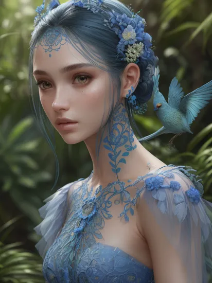 fashion photography portrait of blue human avatar, in blue lush jungle with flowers and birds, 3d render, cgi, symetrical, octane render, 35mm, bokeh, 9:16, (intricate details:1.12), hdr, (intricate details, hyperdetailed:1.15), (natural skin texture, hyperrealism, soft light, sharp:1.2)