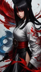 [red color, splash art, a close up liquid luminous moon ((Unohana from Anime bleach wearing white captain kimono holding a sword )) made of colors, silver, red, black red, light blue, liquid red dark peony flowers,  blood flames, color drops, color waves, moonlight, splash style of soft blue paint, hyperdetailed intricately detailed, unreal engine, fantastical, intricate detail, splash screen, complementary colors, concept art, 8k resolution, masterpiece, oil painting, heavy strokes, paint dripping, splash arts, concept art, centered composition perfect composition, centered, intricated pose, dark color background,intricated], (full body:0. 8), <lora:Hyo-Ju:1>