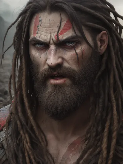 cinematic photo Close-up of ((man)) as Kratos god of war, emerging from black mud, long hair with dreads, war blue paint, paint fading, angry expression, dirty face, finely detailed eyes, moody, viking clothes