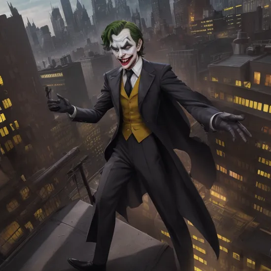 Hyperrealistic art of  
In Gotham City a cartoon joker with his hands on a rooftop ledgeBatman The Animated Series Style, Extremely high-resolution details, photographic, realism pushed to extreme, fine texture, incredibly lifelike