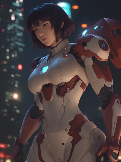 Major Motoko Kusanagi from Ghost in the Shell anime wearing a bikini Iron Man suit. With a Sci-fi city at night in the Background.  Original character design by Hajime Shimomura   Subsurface scattering, Iron Man, Ghost in the Shell, gits, Motoko Kusanagi, Marvel, anime, 1girl, field of depth, dlsr, award-winning