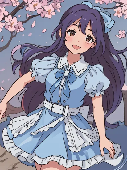 masterpiece, best quality, highres, hmarisu, long hair, hair bow, blue bow, blue dress, collared dress, short sleeves, puffy sleeves, belt, blue skirt, , idolmaster cinderella girls, cherry blossoms, cowboy shot, standing, leaning forward, arms behind back, smile, open mouth,