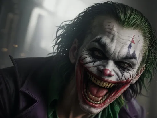 (portrait of The Joker screaming:1.25), (((solo))), green hair, red eyes, purple shirt, inside asylum cell background, ragged clothes, (Art by Jim Lee & Zack Snyder), ragged clothes, dramatic, good anatomy, good proportions, award winning, volumetric lighting, centered, (realistic oil painting:1.2), 