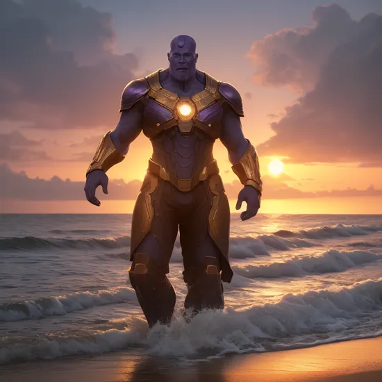 (StereoCam:1) cinematic Thanos character in beach, sunset, fantasy concept art, 8k resolution, deviantart masterpiece, realistic, highly detailed , black border , StereoCam 
