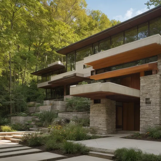 A photography showcase of Fallingwater, the iconic architecture by Frank Lloyd Wright located in Mill Run, Pennsylvania. Through the lens of Ansel Adams, using a 35mm lens, the scene captures the house s unique cantilevered terraces amidst the verdant forest. The color temperature exudes a cool blueish tint. No facial expressions as the primary focus is on the structure. Ambient light from the sun provides a gentle glow to the scene, casting soft shadows. The atmosphere is serene and timeless
Dive into the world of Photography that captures the essence of Frank Lloyd Wright's modern "Frank Lloyd Wright's modern style villa" with a focus on the architectural marvel of Fallingwater. Through a 35mm lens, witness the structure in intense clarity and sharpness. The image has a warm color temperature that highlights the building's iconic cascading forms. No facial expressions are present as the image focuses solely on architecture. The lighting is natural, with the sun casting soft shadows on the structure, giving depth and texture. The atmosphere feels serene and untouched by time
A modern house seamlessly integrates natural elements into its design. featuring a balcony adorned with lush greenery and a front yard that blends nature with the environment. Soft ambient lighting casts a warm and welcoming glow. Channeling the spirit of renowned architect Frank Lloyd Wright, this design showcases his signature organic architectural style. The medium for this artwork is an architectural blueprint rendered in high-definition 3D graphics, emphasizing every detail of the design. The color scheme mainly consists of earthy tones and various shades of green, enhancing the connection to nature