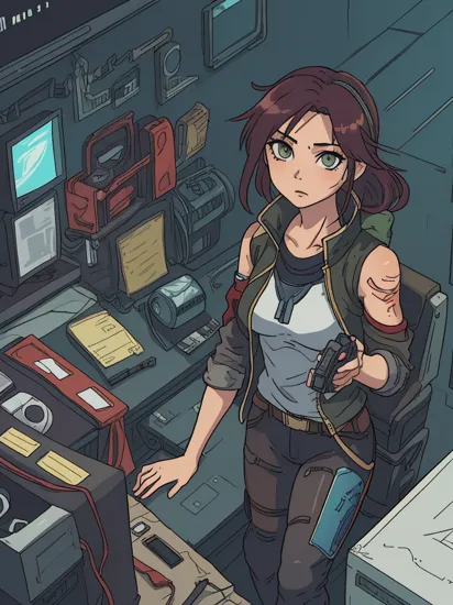 Anime artwork,  Lara Croft,  wearing VR helmet,  hacking on a computer. cyberpunk 2077 cityscape,  art by Masamune Shirow,  art by Agnes Cecile,  anime style,  key visual,  vibrant,  studio anime,  highly detailed
