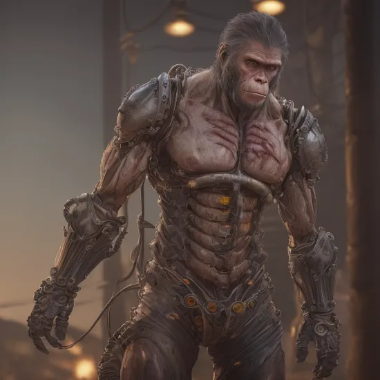 (((Perfect Face)))((cowboy shot)), (((masterpiece))), (((best quality))), ((ultra-detailed)), (highly detailed CG illustration), ((an extremely musculine and handsome)), cinematic light,(((1mechanical Ape))),solo,((upper torso musculine flesh hanging by wires)),((Hanging by wires and tubes)), (machine made joints:1.2),((machanical limbs)),(blood vessels connected to tubes),(mechanical vertebra attaching to back),((mechanical cervial attaching to neck)), ((realistic hair)), (standing), (wires and cables attaching to neck:1.2),(wires and cables on head:1.2),(character focus),science fiction, extreme detailed, colorful, highest detailed, trousers,kratosGOW_soul3142, Greek Male, Sexy Muscular,Game of Thrones,male,Movie Still,
 