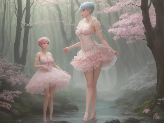 Conceptual Art 1girl, woman, athletic body, big breast, beautiful legs, heterochromia, Pink and pastel blue highlights colored hair, Slicked Back Pixie Cut style, wearing Woodland nymph-inspired layered tulle skirts with floral accents, Celestial fountain with water that grants magical wishes. background, Script Tattoo, full body, full body shot, highly detailed, vivid color, 8k, 16k , concept art 