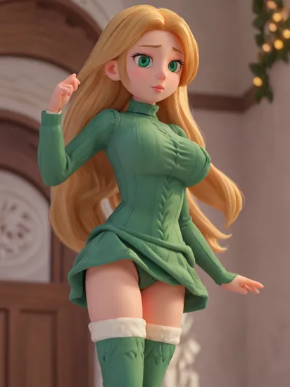 1girl, solo,  rapunzel, green eyes, looking at viewer:1.3, detailed eyes:1.3, best quality, extremely detailed, masterpiece, 32k, RAW, extremely detailed face:1.3,   (wearing holiday outfit, wearing holiday stockings, leotard, turtleneck, midriff, knitted clothes),18yo, (huge breasts)
