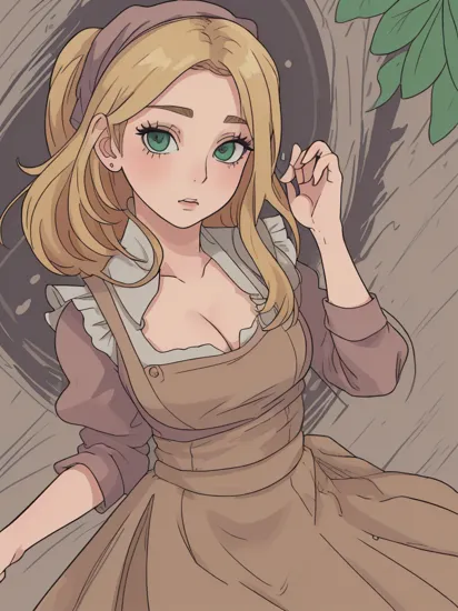  80's clothing and hairstyle, lovesome 25yo  CinderellaWaifu, (HQ photo, masterpiece, RAW photo:1.2), (brown skirt, long skirt, head scarf, apron), long blond hair, bright green eyes, cleavage, cute face BREAK ((photorealistic), realistic face, medium breasts), beautifully detailed woman, realistic face, detailed mouth, extremely detailed eyes_and_face, beautiful attractive face, beautiful detailed eyes, pronounced feminine feature, matte eyeshadow, eyelashes, eyeliner, perfect body, smooth skin BREAK color HD photo, ISO 800, (full body, high quality photo, masterpiece), HDR, 8K resolution, analogue RAW DSLR, best quality, absurdres, vivid vibrant colors, skin pores, intricate detail, (intricately detailed face_and_eyes), realistic human hands, sophisticated detail, (realistic lighting, sharp focus), centerfold, bokeh, official art, 8k wallpaper, ultra high res, professional photography kkw-ph1