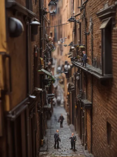 Hyperrealistic art , miniature Men,ion diorama macro photography, building for mice, alleyway, ambient, atmospheric, british, bokeh, romantic . Extremely high-resolution details, photographic, realism pushed to extreme, fine texture, incredibly lifelike