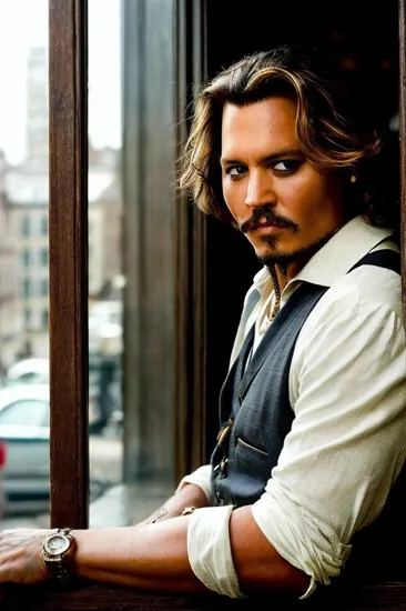 Johnny Depp, Confident man @JohnnyDepp, salt-and-pepper hair, stubble, charcoal tee paired with tailored trousers, casually leaning against a wooden door frame, street ambiance, soft focus on the bustling city life behind, gentle smile playing on his lips, wrist adorned with a sophisticated watch, the warm glow of the overhead lamps casts a cozy light on @JohnnyDepp, the reflection in the window adds depth to the scene, captured in a natural, candid moment, embodying urban sophistication and relaxed elegance in a metropolitan setting.