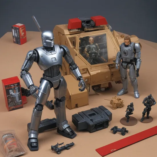 1987 Action Figure Playset Packaging  Hasbror action figure and packaging action figure line based on Robocop, terminator, and Chopping Mall, Killer Robot with Laser cannons and a  Futuristic Battle car set, 1985, Weapon, accessories,