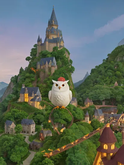 a white owl on a branch, forest, twilight, castle on the background, mountains, grass, magic particles, wind, leaf, studio ghibli, inspired by harry potter, masterpiece, best quality,