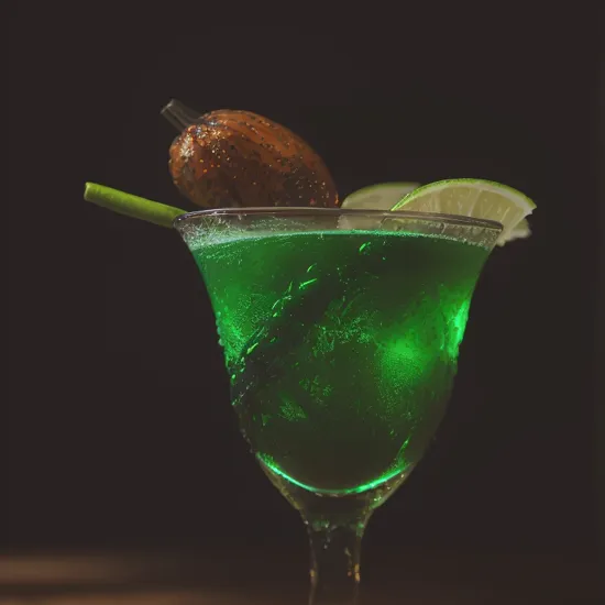 macro shot of an eerie cocktail drink infused with actual spirits,    halloweentech supernatural green, moody colors, (Food photography style :1.3), Appetizing, professional, culinary, high-resolution, commercial, highly detailed, (eerie lighting:1.15), (blending:0.95), 100mm lens, (macro photography:1.05), (highly detailed, high quality:1.3)
