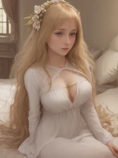 masterpiece, best quality, photorealistic, , Joan of Arc, 1girl, blonde hair, long hair, hair ornament, hair flower, medium breasts, solo, upper body, looking at viewer, indoors, medieval, bedoom, on bed, sitting, surprised, dress, nightgown, cleavage, see-through, paw pose