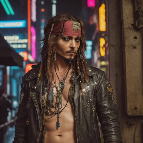 photo of cyberpunk jack sparrow, (cyberpunk style)1.4, neons, bladerunner, deus ex, augmented, cyberpunk, cyberpunk 2077, augmentations, robotic limbs, cybernetic limbs, narrow streat in the background, dark atmosphere, front photo, scifi, modern fashion, johny depp, leaning against the wall