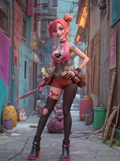((Steampunk city)), ((neon lighting)), 16k, masterpiece, RAW, remarkable color, perfect composition, hyper realistic, hyper-detailed, sharp focus, soft rim lighting,  Super Detailed, realistic, steampunk, Refined,((hyper detailed realistic anime style)),  Harley Quinn is a realistic looking cyberpunk anime character who lives in a neon-drenched city, She is a skilled thief and assassin, but she also has a childish innocence about her, She is dangerous and unpredictable, but she also has a childish innocence about her, She is the kind of person who can make you laugh and then stab you in the back, The image of Harley Quinn in the cyberpunk alleyway perfectly captures her dual nature,  low-light portrait of Harly Quinn rendered in a cyberpunk ((realistic anime)) style, She is standing in a dark alleyway, illuminated only by the neon lights of the city above, She is wearing a sexy, neon-colored outfit and has a mischievous grin on her face, Her eyes are bright and piercing, and her hair is pulled back into (two pigtails),  Harley is standing in a dark alleyway waiting for her next mark, She is wearing a neon-colored outfit that highlights her curves, Her hair is pulled back into two pigtails and her eyes are bright and piercing, She has a mischievous grin on her face as if she's already planning her next crime, Harley's skin is pale and flawless, She has a small nose and a full mouth. Her lips are painted a bright red, and her nails are done in matching polish, ((She has a few tattoos including a diamond on her neck and a joker's card on her shoulder)), Harley is carrying a variety of weapons including a knife a gun and a baseball bat,   The alleyway is dark and narrow, with (graffiti-covered walls) and garbage strewn on the ground, The only light comes from the neon lights of the city above, which cast a kaleidoscope of colors on the walls. Harley is standing in the shadows, blending in perfectly with her surroundings,  The mood of the image is one of menace and excitement. Harley is a dangerous woman, but she is also incredibly attractive, She is the kind of person who can lure you in with her smile and then stab you in the back,  The alleyway is littered with trash and debris. There is a dumpster overturned in the corner, and a few rats are scurrying around, The walls are covered in graffiti sprayed on them,  The neon lights of the city cast a strange and eerie glow over the alleyway, The colors are bright and vibrant, but they also have a sinister edge to them,
