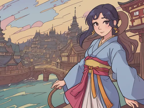 close up shot of (Mulan, Disney princess, MulanWaifu:1, japanese clothes, kimono, ) in foreground, medieval fantasy city background, medieval port, tall wooden ships, fantasy marketplace, crowd of people in background, vibrant colorful clouds, medieval architecture, tudor style, stone castles, HDR, polychromatic buildings, vast cityscape,  masterpiece, , ,