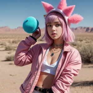 a young girl poses in a desert with a foam crown, jacket, and hat, in the style of pastel punk, kingcore, genderless --ar 2:3 --style raw --v 5.1