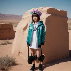 a young girl poses in a desert with a foam crown, jacket, and hat, in the style of pastel punk, kingcore, genderless --ar 2:3 --style raw --v 5.1