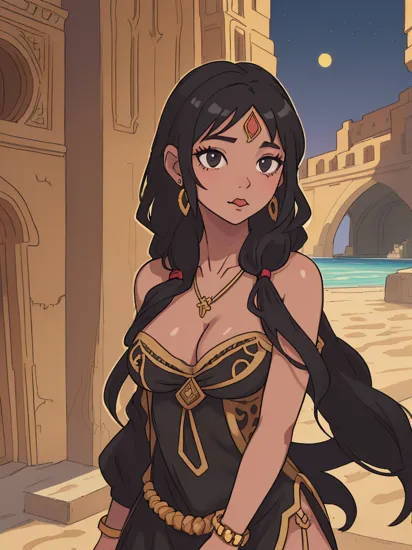 1girl, JasmineWaifu, solo, long hair, (tongue out:1.2), large breasts, deep v dress, (black dress:1.1), cleavage, skindentation, black hair, (multi-tied hair, long hair), brown eyes, detailed eyes, jewelry, arms behind back, hand out of frame, looking at viewer, upper body, portrait, earrings, dark skin, necklace, dark-skinned female, outdoors, sand, sun, palace, arabian architecture, pool, oasis, (masterpiece, detailed, highres:1.4)     