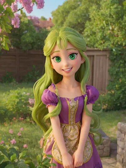 (masterpiece, best quality, high resolution:1.4), rapunzel, green eyes, (loose hair:1.2), looking at viewer, purple princess dress, barefoot,  smile, outdoors, 