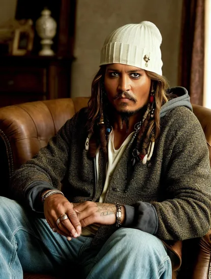 Johnny Depp, Relaxed man @JohnnyDepp, beanie and hoodie, lounging in an armchair, soft light highlighting his sharp features, serene expression, the indoor setting's warm hues complementing his earthy attire, a relaxed portrait with a homey, laid-back atmosphere.