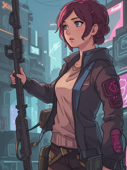 Katniss Everdeen, forbidden District 14, whispers of Mockingjays, closeup, centered, looking at viewer, middle shot,
cyberpunk theme, futuristic, sci-fi, cybernetic, magenta, neon lights, cyberpunk style, 
highres, precise, detailed,  [cartoon, vector art, anime :realistic, real life, hyper realistic:0.25],