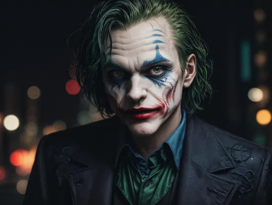 the joker, night city, epic photo, highly detailed, masterpiece, blue neon lights, cinematic angle, best quality, solo, bokeh, pixiv, depth of field